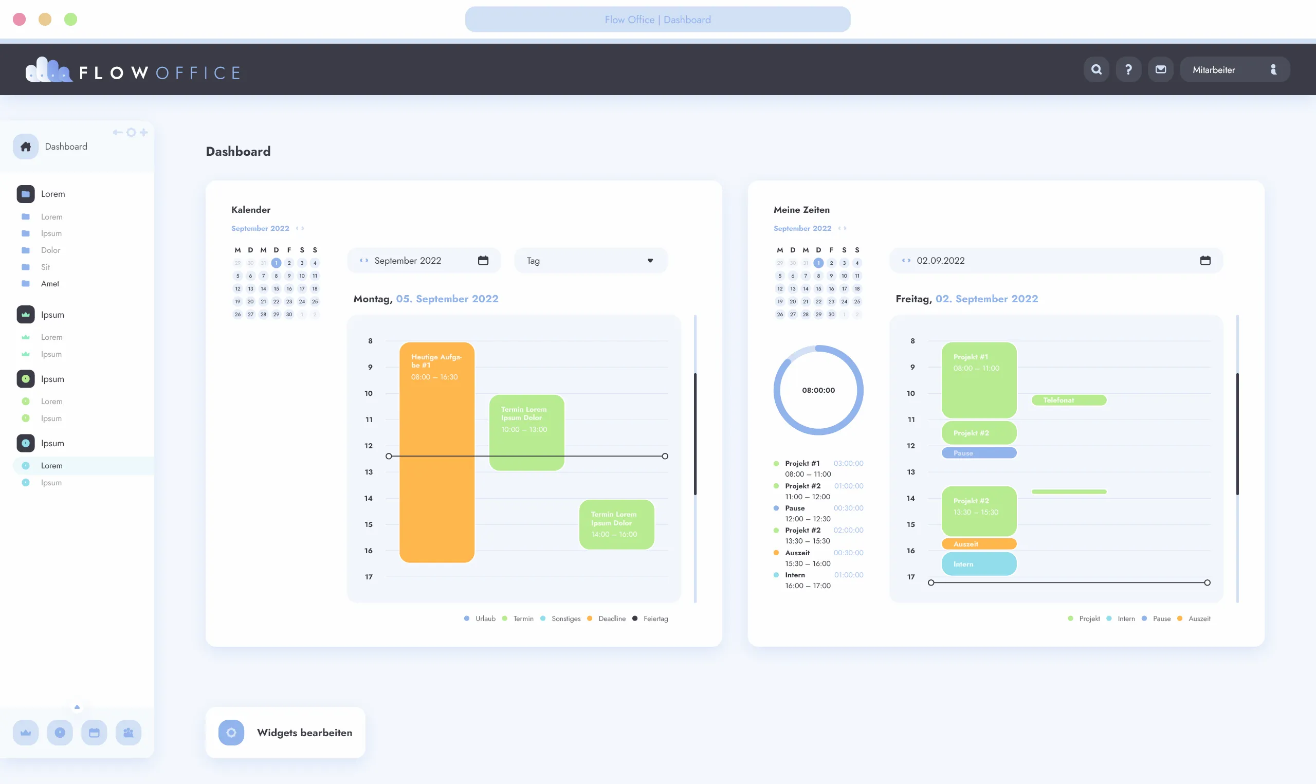 Flow Office: Projektmanagement-Software – Dashboard-Übersicht mit Meilensteinplanung