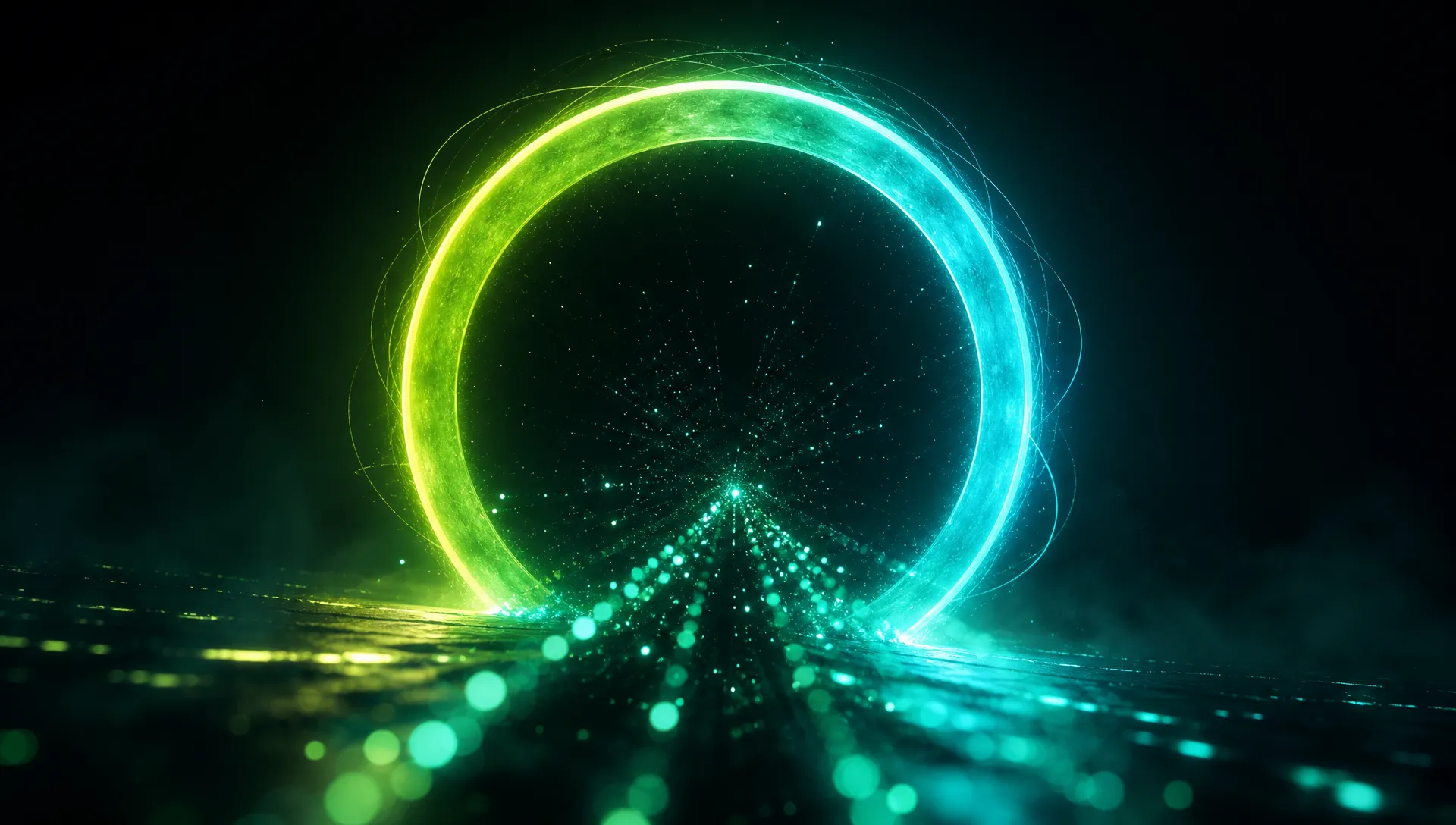 Leuchtender Ring aus Lime- und Cyan-Licht, durch den ein Strom aus Partikeln fließt – Sinnbild für den OMVIN-Launch
